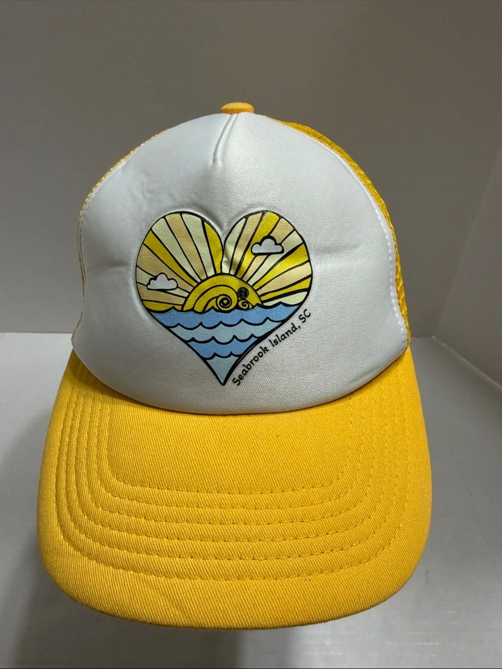 Kids Yellow & White Trucker Hat Seabrook Island, SC Sunrise Graphic